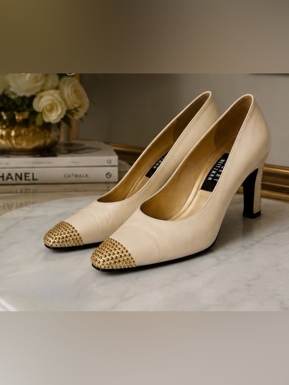 Vintage Stuart Weitzman Ivory Leather Gold Studded Pumps 6.5B
